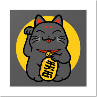 Lucky black cat - maneki neko Posters and Art